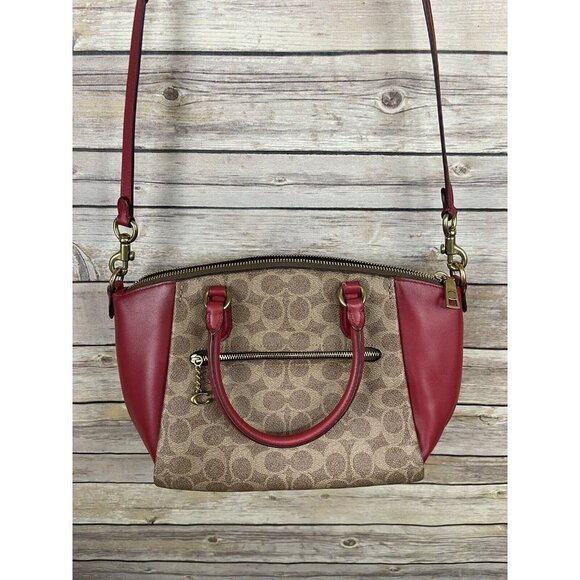 Coach Elise Crossbody Bag NEW Tan Red Apple Signature Double Handle C Print - Picture 1 of 12